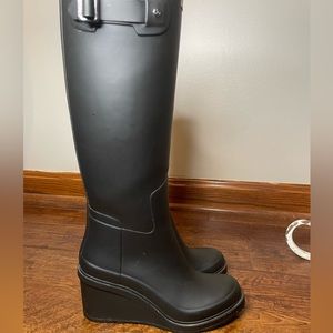 Tall HUNTER rain boots, black, wedge heel, size 8, no box.